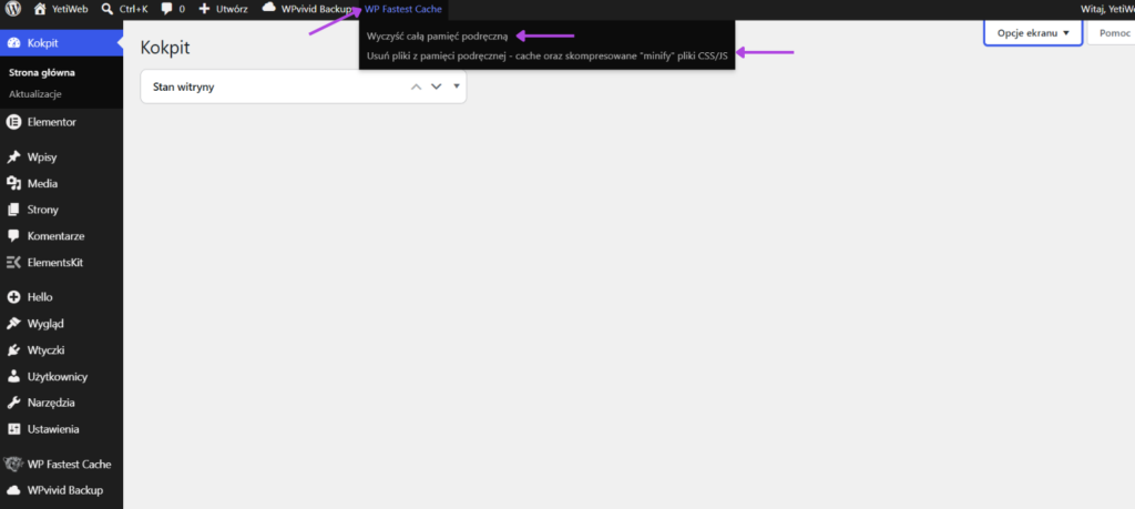 Panel pokazujący wtyczkę WP Fastest Cashe do czyszczenia pamięci podręcznej strony.