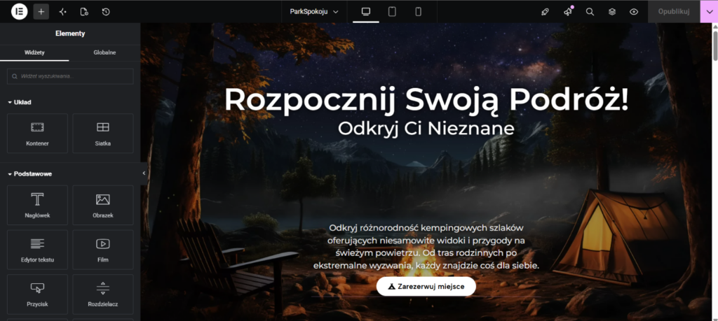 Widok edytora Elementor z włączonym trybem edycji strony, prezentującej grafikę z górami, namiotem i tekstem 'Rozpocznij Swoją Podróż'.