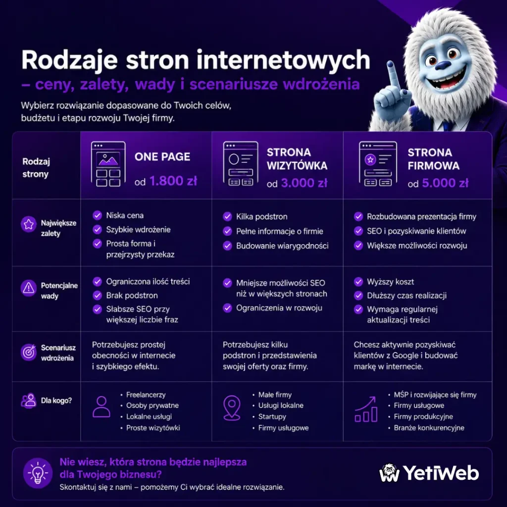 Porównanie rodzajów stron internetowych – One Page, strona wizytówka i strona firmowa wraz z cenami, zaletami, wadami i zastosowaniem